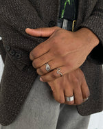 Load image into Gallery viewer, Open ring resembling the silhouette of waves.  Irregular texture of the surface inspired by the bold silhouette of a wave crashing. Elevate your style with our minimalist ring, perfect for daily wear and layering. Crafted from high-quality titanium and available in silver color.  Material: Titanium  | water-resistant, no-tarnishing, hypoallergenic |
