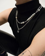 Load image into Gallery viewer, The irregular arrangement of steel balls and pearls.  Statement necklace featuring pearls. Elevate your style with our necklace, perfect for daily wear and layering. Crafted from high-quality titanium and available in silver color  Material: Titanium, Color: Silver 55cm in length.  | water-resistant, no-tarnishing, hypoallergenic |
