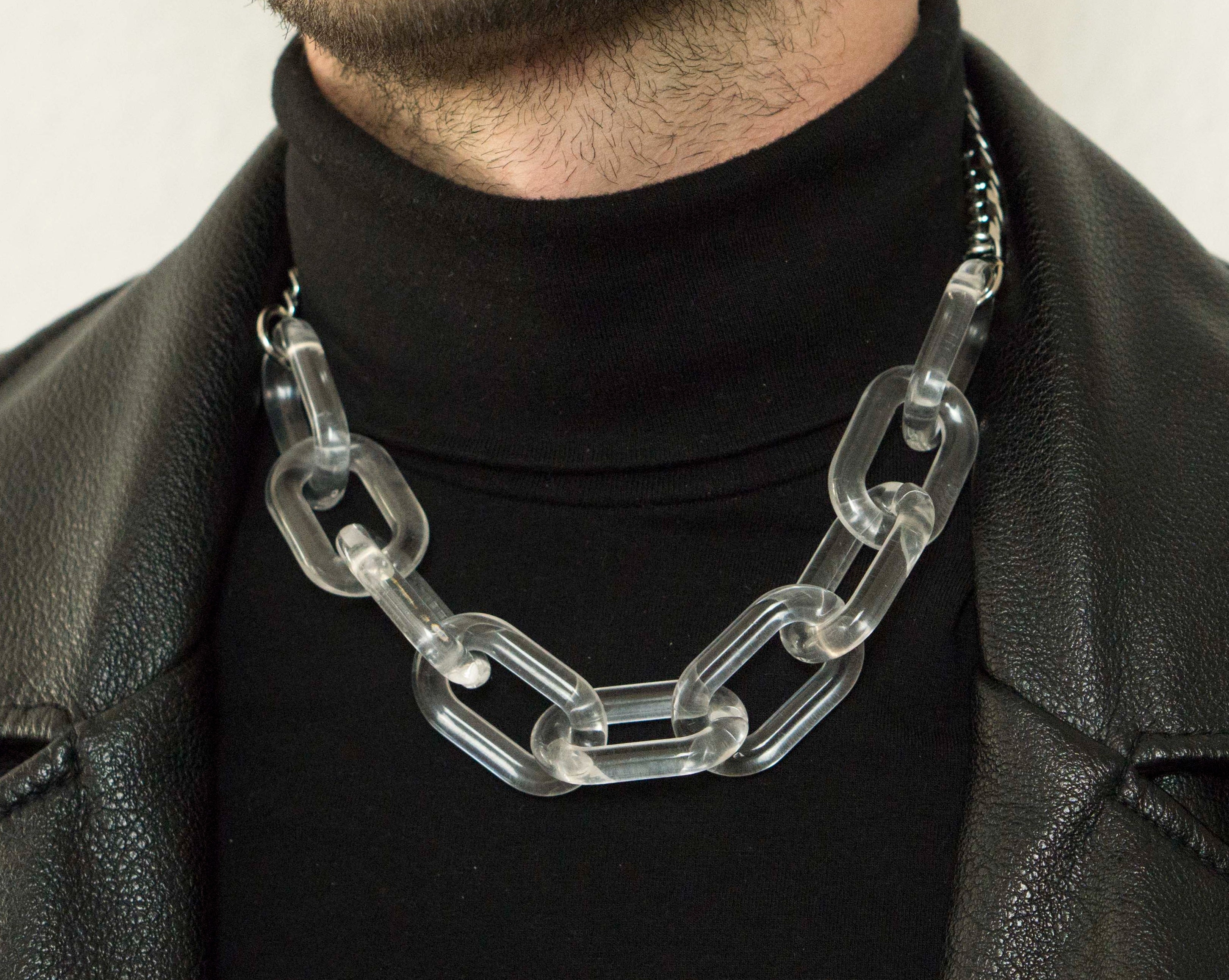 Ice Ice  Statement necklace featuring transparent acrylics and a bold chain. Elevate your style with our necklace, perfect to highlight your outfit. Crafted from high-quality stainless steel and available in silver color  Material: Acrylic, Titanium. 62cm in length. | water-resistant, no-tarnishing, hypoallergenic |